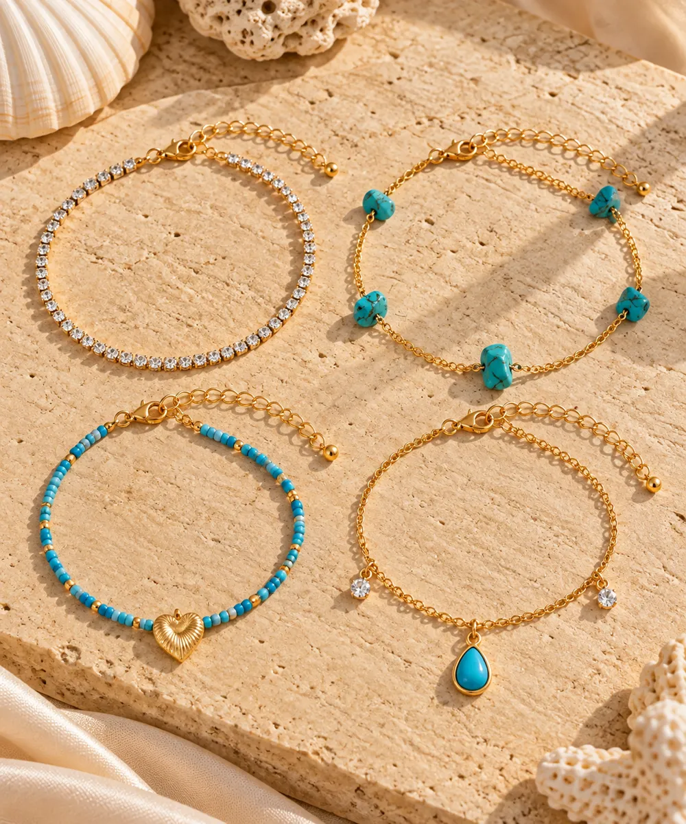 Azure Crush 4-Piece Heart Anklet Set – Turquoise